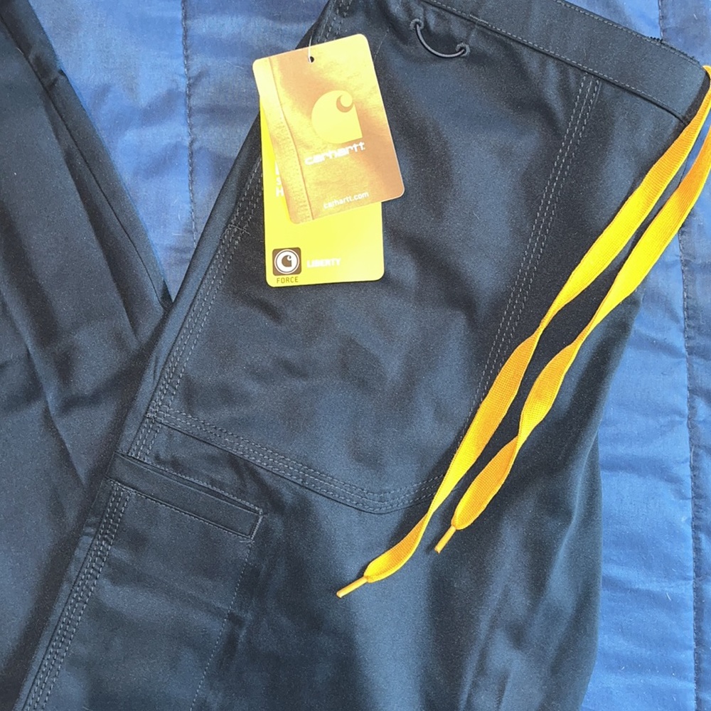 CARHARTT SCRUB BOTTOMS—DARK NAVY BLUE WITH ORANGE STRINGS— SIZE SMALL - Picture 3 of 4